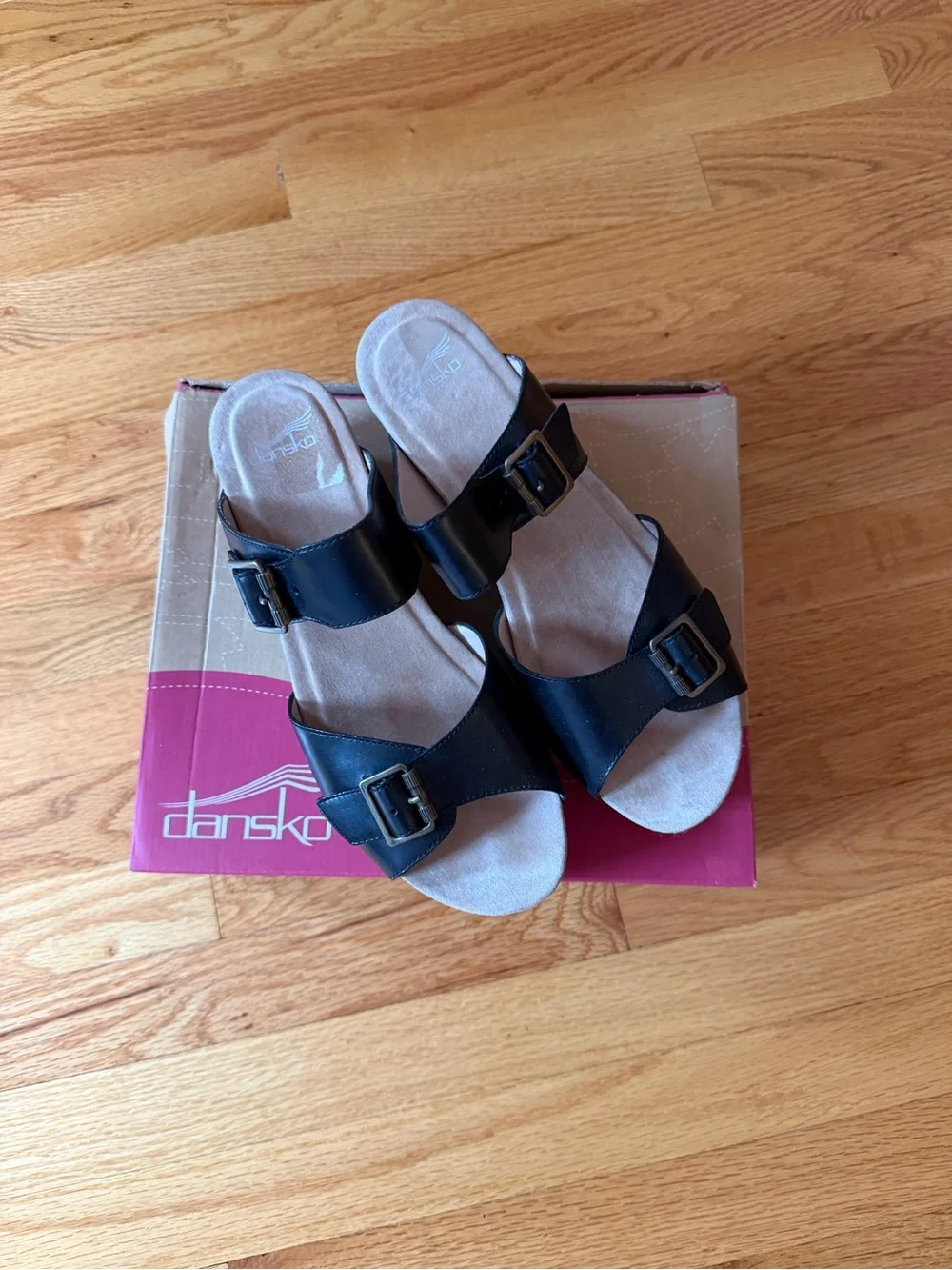 Dansko Black Double-Buckle Wedge Slide Sandals